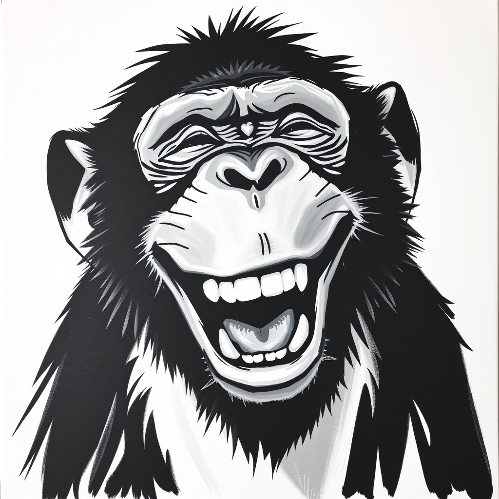Abstract black and white acrylic portrait of an over exaggerated laughing (monkey). Minimalism style. White background.