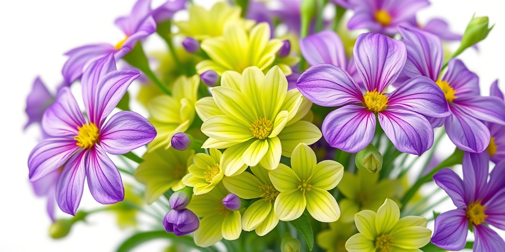 Create a high-resolution illustration of a bouquet of vibrant purple and green flowers with a clear focus and soft background, using a DSLR camera with an aperture of f/2.8, ISO 100, 50mm lens in macro mode for enhanced detail.