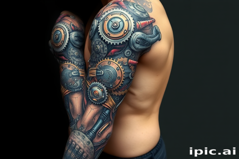 Biomechanical sleeve tattoo blending organic and mechanical elements, featuring exposed gears, pistons, and circuitry seamlessly integrated with muscle tissue and tendons for a futuristic cyborg appearance