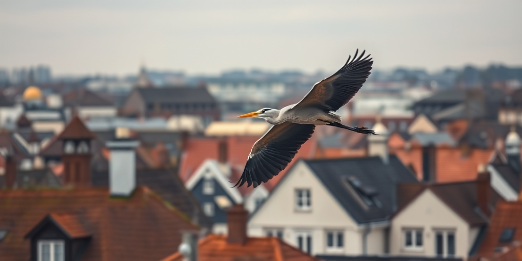 Capture a high-resolution image of a heron flying above a cityscape with traditional rooftops, using a DSLR camera, shot at 200mm focal length, f/4 aperture, ISO 100, and a shutter speed of 1/1000 sec for sharpness and clarity.