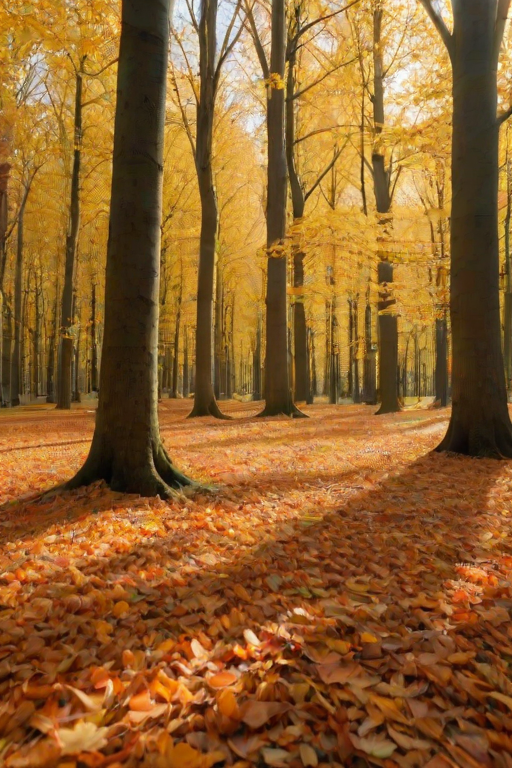 a picturesque autumn forest with trees displaying vibrant orange and yellow leaves, a carpet of fallen leaves on the ground, soft sunlight filtering through the branches, creating a warm and inviting atmosphere