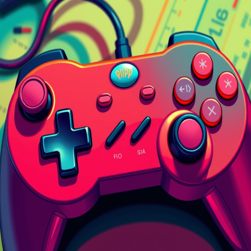 Create a vibrant and detailed illustration of a retro gaming controller with a focus on the buttons and dials, using a macro lens, aperture f/2.8, shutter speed 1/60s, ISO 100, top-down view, digital art style.