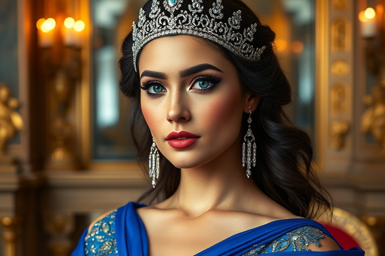 A gorgeous Metis woman in a luxurious blue gown, accessorized with a dazzling tiara and statement earrings, her deep blue eyes highlighted by impeccable makeup, poised in a royal setting, photorealistic, 8K quality