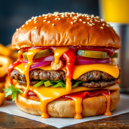 High-resolution, close-up image of a gourmet double cheeseburger. The burger features a glossy, sesame-seed-topped brioche bun. Inside, there are two thick, juicy beef patties, each topped with melted cheddar cheese. The burger is garnished with fresh lettuce, tomato slices, diced onions, and pickles. A generous amount of ketchup and a creamy, orange-colored sauce is dripping down the sides, adding to the mouth-watering appeal. In the background, there are blurred elements including a side of golden French fries and a hint of a beverage, enhancing the overall presentation of a delicious meal.