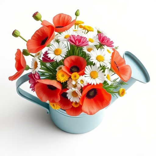 generate an illustration of a watering can filled with a vibrant bouquet of flowers including poppies and daisies, style similar to modern watercolor art, soft light background, top-down view, using a DSLR camera at f/2.8, ISO 100, 50mm lens, shallow depth of field, high-resolution capture