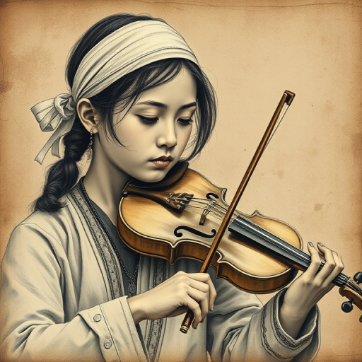 a young Bhutanese woman with a white headband playing a violin, in the style of a charcoal drawing, sepia grunge background