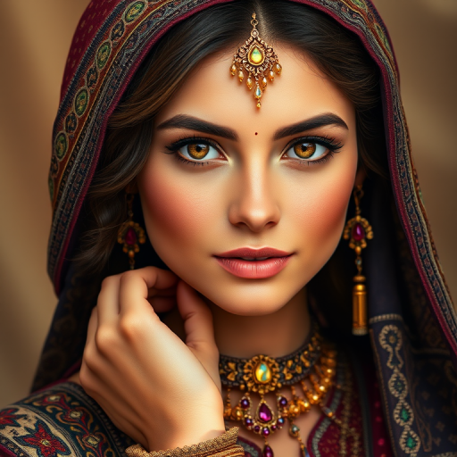Create a portrait of a beautiful woman with striking hazel eyes and a gentle expression. She is adorned in traditional attire with intricate patterns, including a richly embroidered headscarf and matching garments. Her jewelry includes a delicate headpiece, dangling earrings, and ornate bracelets, all featuring vibrant gemstones and detailed metalwork. The background is soft and warm, enhancing the rich colors of her outfit and jewelry.