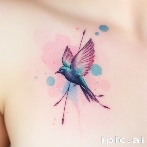 Delicate "Watercolor Whisper" tattoo style characterized by soft, dreamy washes of pastel hues blending seamlessly into one another, creating an ethereal and romantic aesthetic reminiscent of impressionist paintings, with subtle outlines and strategically placed splatters adding depth and texture to the design, evoking a sense of lightness and transience that beautifully complements nature-inspired motifs such as flowers, birds, or landscapes