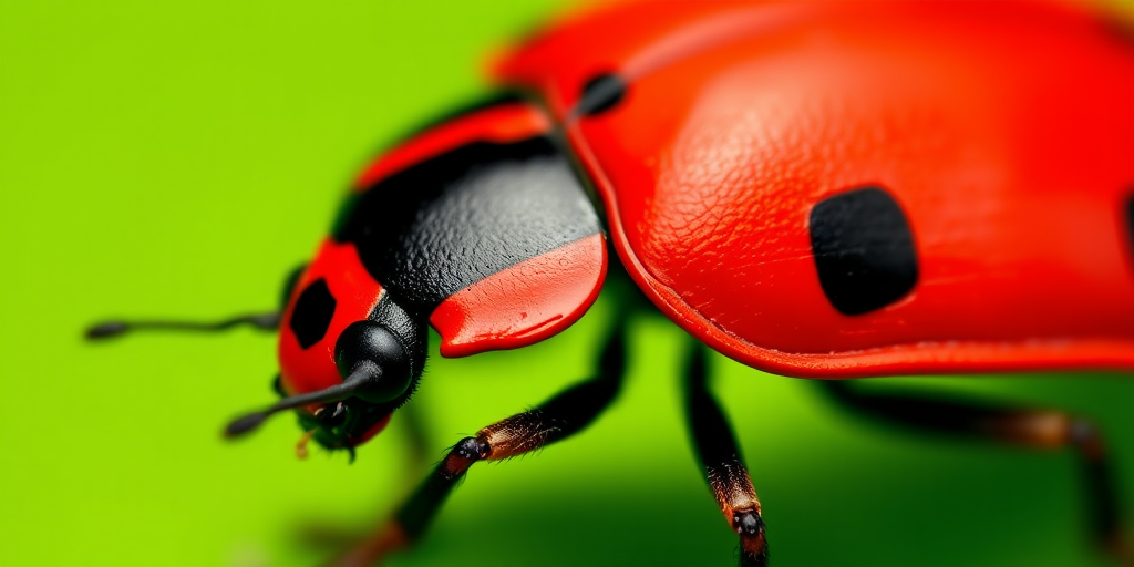 Create a detailed graphic illustration of a stylized red and black bug with prominent spots, set against a vibrant green background, captured using a DSLR camera with a macro lens at f/8, ISO 200, and a shutter speed of 1/60s for optimal clarity and depth of field.