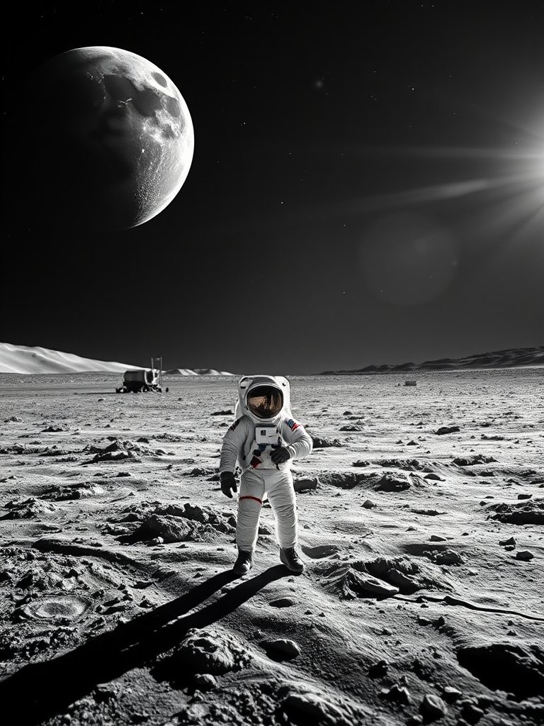 Create a high-resolution black and white image of an astronaut standing on a lunar landscape, with Earth visible in the background and a starry sky, using a DSLR camera with a 50mm lens, f/1.8 aperture, ISO 100, and a low-angle shot to enhance depth and detail.