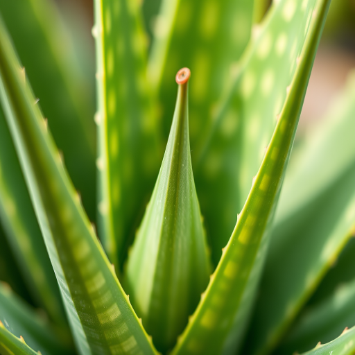 macro shot of an aloe vera plant focusing on its textured, sharp leaves with vibrant green and yellow stripes, aperture f/2.8, ISO 100, 50mm lens, soft natural lighting, shallow depth of field, DSLR camera