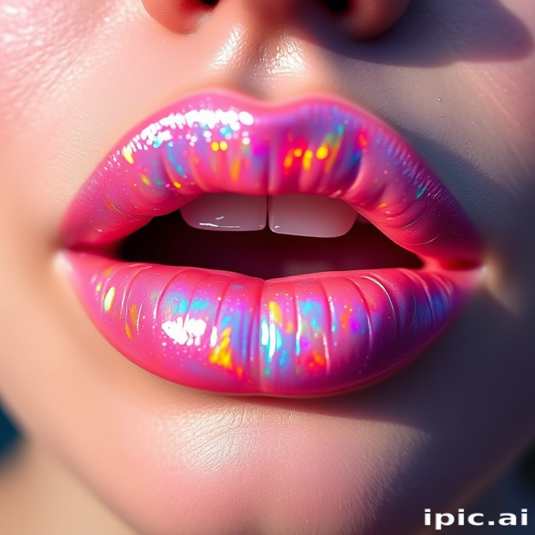 Ethereal "Holographic Opal" lips adorned with iridescent, multidimensional pigments, creating a magical, otherworldly appearance in various lighting