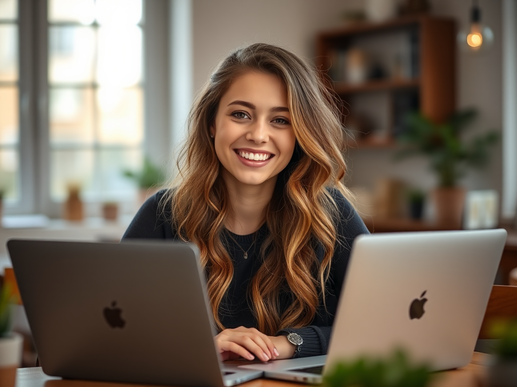 portrait of a young woman with long wavy hair smiling while sitting at a desk with a laptop in a cozy indoor setting natural lighting shallow depth of field 50mm f/1.8 lens ISO 200 aperture priority mode soft focus