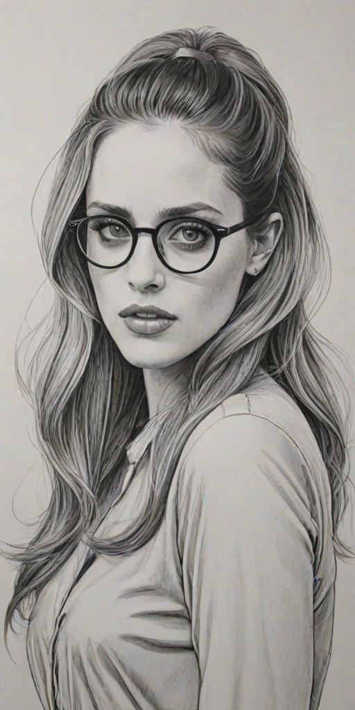 Bewitching Carly Chaikin, pencil sketch, portrait of Captivating woman 1959s in glasses, hair style beatnik, outline, clear lines, fine lines, 8k