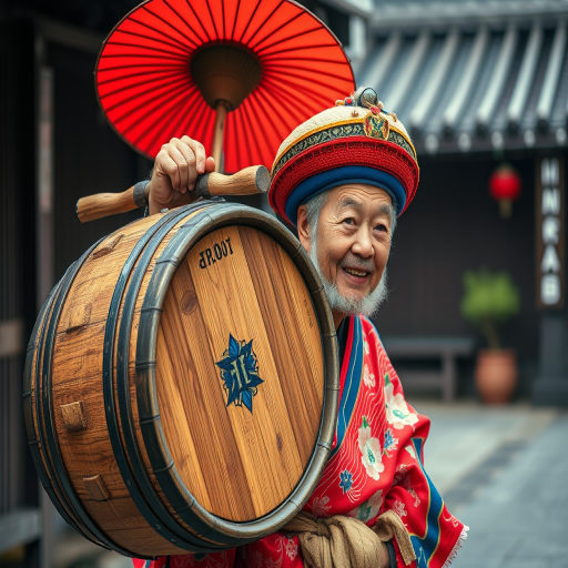 Regenerate an image of a traditional Japanese character carrying a large wooden barrel, vibrant colors and expressive features, shot with a Canon EOS R5, f/1.8 aperture, ISO 100, 50mm lens, with a soft focus background to enhance the subject.