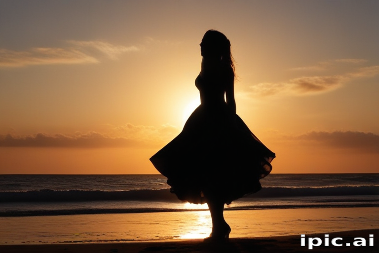 Silhouette of a Woman in a Flowing Dress Against a Sunset Beach