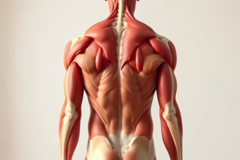 Create a detailed illustration of the human back musculature with a focus on anatomical accuracy, using a high-resolution camera set to 50mm lens at f/2.8, in a soft natural light setting, from a slightly elevated rear view, using a digital camera.
