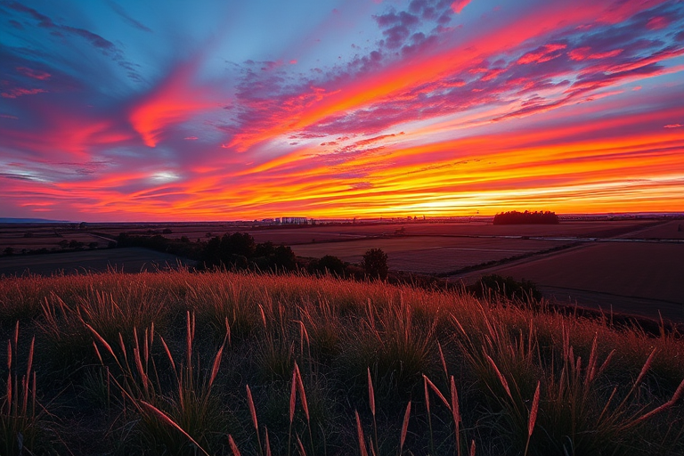 Create a high-resolution image of a serene landscape at sunset with vibrant colors, using a DSLR camera with a 50mm lens, aperture set to f/1.8, ISO 100, and a wide-angle view to capture the entire scene in vibrant detail.