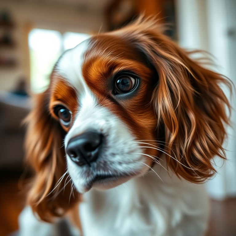 capture a close-up of a Cavalier King Charles Spaniel with soft lighting, 50mm lens, f/2.8 aperture, ISO 200, shallow depth of field, focus on the dog's eyes, natural indoor setting