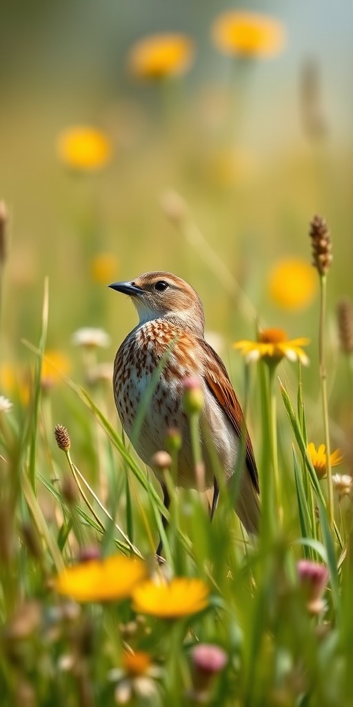 A detailed photo of a bird standing in tall grass with wildflowers in a sunny meadow, shot with a DSLR camera using a 100mm lens, aperture set to f/4, ISO 200, shutter speed 1/500 sec, natural lighting, capturing a shallow depth of field for a soft background blur.
