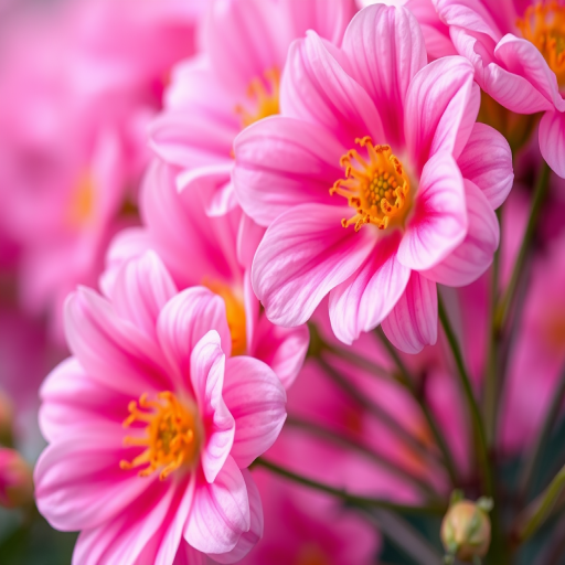Create a vibrant floral background with pink shades, soft-focus depth of field, using a DSLR camera, aperture f/2.8, ISO 100, and a macro lens to capture intricate details of the flowers and petals.