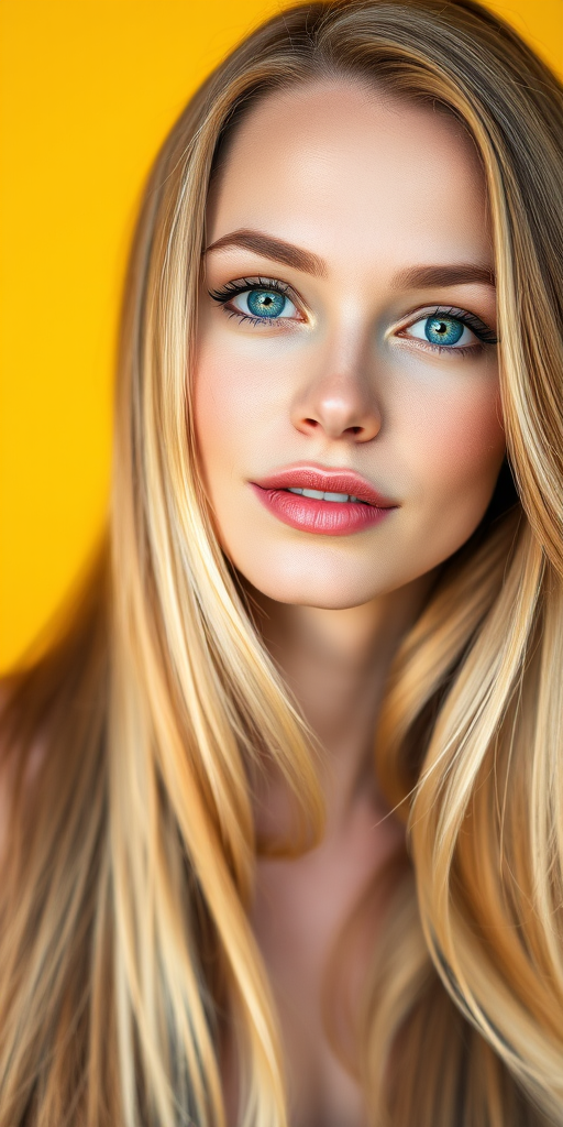 Create a high-resolution digital portrait of a woman with long blonde hair and blue eyes against a vibrant yellow backdrop, using a 50mm lens, f/1.8 aperture, ISO 100, natural lighting, shot with a DSLR camera in portrait mode.