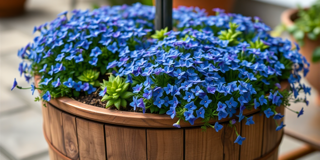 Generate a highly detailed image of a round wooden planter filled with a dense arrangement of vibrant blue and purple flowering plants, captured with a Canon EOS R5 at f/2.8, 1/200s, ISO 100, 50mm lens, in natural light, with a shallow depth of field to enhance the focus on the flowers while softly blurring the background.