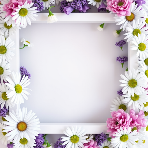 Create a high-resolution image of a blank white frame surrounded by a vibrant floral design featuring white daisies and purple accents, using a DSLR camera with a f/2.8 aperture, ISO 100, 50mm lens, and soft natural lighting for enhanced clarity and color depth.