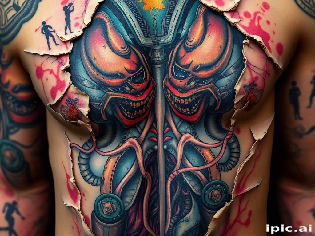 Biomechanical horror tattoo revealing grotesque alien anatomy beneath torn skin, incorporating hyperrealistic textures and vibrant colors for a truly unsettling