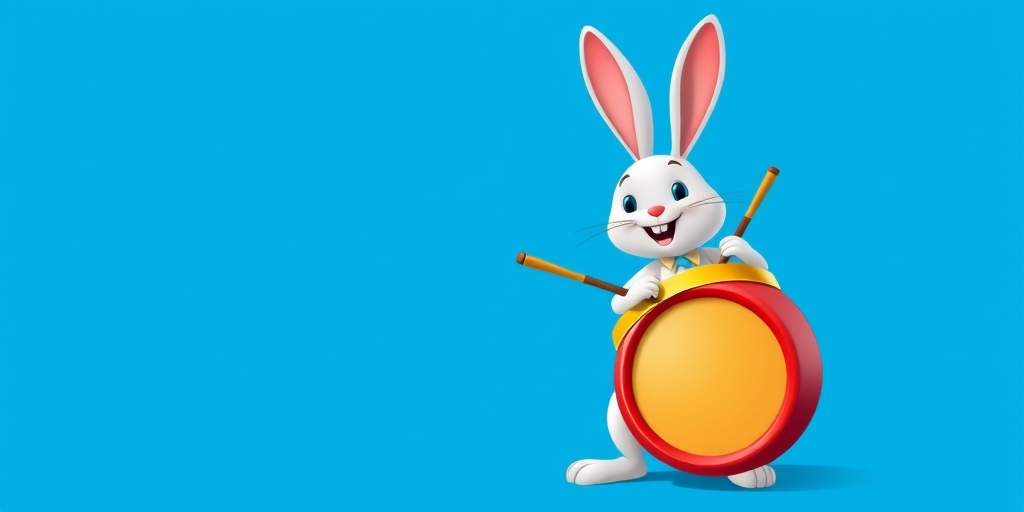 Create a cartoon-style image of a cute white rabbit happily playing a red drum with a yellow top, using a bright blue background, shot with a DSLR camera at f/2.8 aperture, 50mm lens, and soft studio lighting for enhanced clarity and color vibrancy.