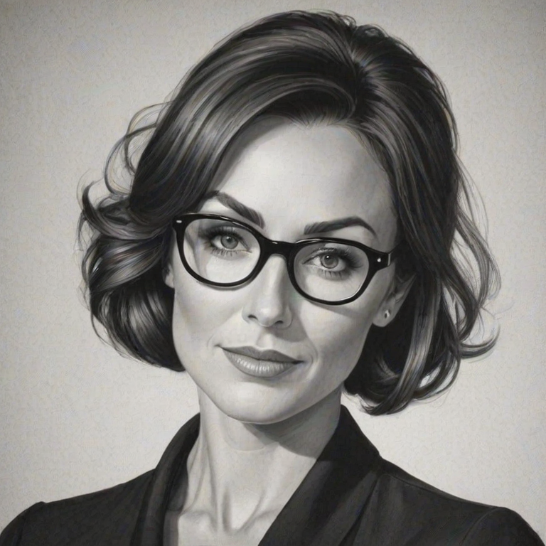 Pleasing Laura Benanti, pencil sketch, portrait of Gorgeous woman 1959s in glasses, hair style beatnik, outline, clear lines, fine lines, 8k