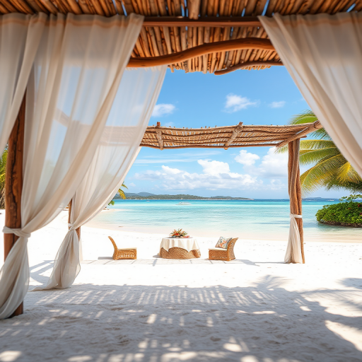 Create a picturesque tropical beach scene featuring a serene, white sandy shore. In the foreground, there's a rustic wooden canopy with white drapes gently flowing in the breeze. Underneath the canopy, a table is set with tropical decor, evoking a sense of relaxation and leisure. The beach extends into a calm, shallow water area with reflections of the sky and surroundings. Palm trees and lush greenery line the edge of the beach, providing a natural, tropical backdrop. The sky is clear with a few scattered clouds, and the overall atmosphere is tranquil and inviting, perfect for a peaceful retreat.