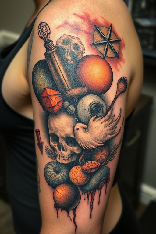 Surrealist tattoo called "Dreamscape Amalgamation" depicting bizarre and thought-provoking imagery with objects morphing into one another defying logic and reality in a harmonious yet perplexing composition