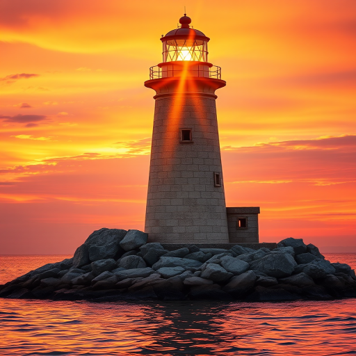 Generate an image of a tall lighthouse perched on a rocky outcrop surrounded by calm ocean waters during a breathtaking sunset. The lighthouse stands sturdy and weathered, its stone surface illuminated by the warm golden light of the setting sun. The sun's rays pass directly through the glass lantern room at the top of the lighthouse, casting a brilliant light across the scene. The sky is painted with vibrant shades of orange, pink, and purple, reflecting off the tranquil sea. The surrounding water shimmers with the same warm hues, creating a serene and majestic atmosphere.