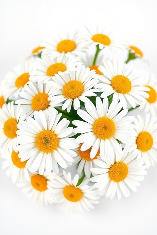 Generate a vibrant illustration of a bunch of white daisies with yellow centers on a plain background, captured in a close-up view with a DSLR camera, aperture set to f/2.8, shutter speed at 1/250s, ISO 100, with soft natural lighting to enhance details and colors.