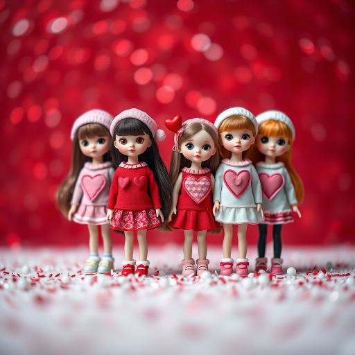 Generate a festive scene with four charming dolls wearing heart-themed outfits against a sparkling red background, using a Canon EOS R5, 50mm f/1.2 lens, f/2.8 aperture, ISO 100, 1/200 sec shutter speed, with a shallow depth of field and bokeh effect for enhanced image quality.