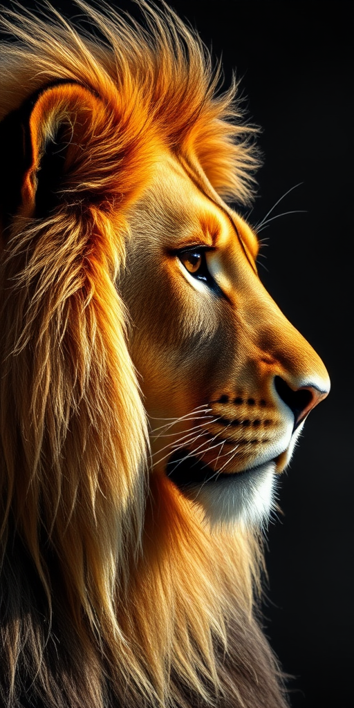 High-resolution portrait of a lion in profile, showcasing detailed fur texture and expressive eyes, with dramatic lighting, shot with a DSLR camera at f/2.8 aperture, 50mm lens, ISO 100, in natural light for enhanced contrast and sharpness.