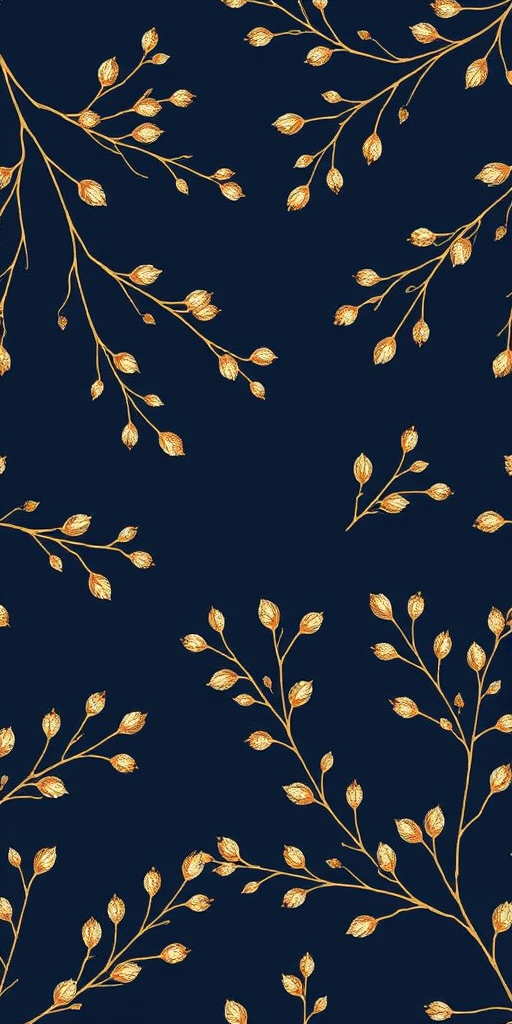 Regenerate a seamless pattern of delicate gold botanical branches on a deep navy background, shot with a Canon EOS R5, 50mm lens, f/2.8, ISO 100, top-down flat lay style for enhanced clarity and detail.