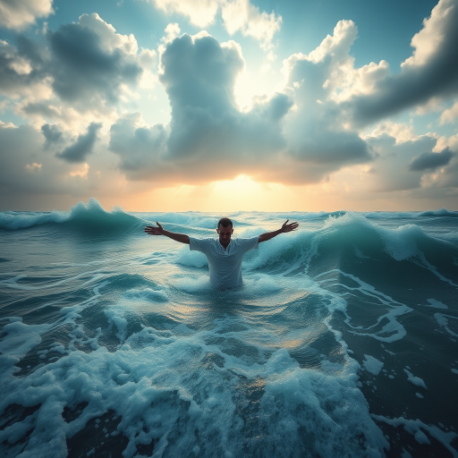 Generate an ethereal scene of a figure standing in turbulent ocean waves with arms outstretched, dramatic clouds overhead, golden light breaking through, captured with a full-frame DSLR at f/2.8, 24mm lens, ISO 100, shutter speed 1/250s, in a wide-angle view to enhance depth and clarity.