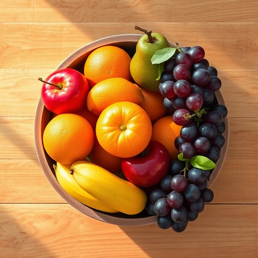 Create a hyper-realistic digital illustration of a wooden bowl filled with vibrant fruits like red apples, oranges, bananas, pears, and grapes, with soft natural lighting, 50mm lens, f/2.8 aperture, ISO 100, overhead view, using a DSLR camera for enhanced image quality.