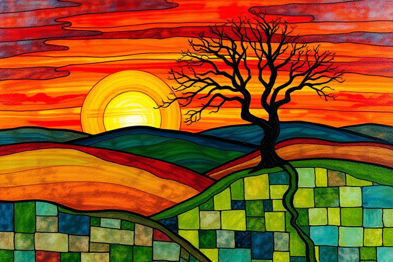 A vibrant abstract painting on Tiffany Glass, blending acrylic and alcohol ink techniques, captures a dramatic sunset over rolling hills. The artwork features a textured, rocky foreground in green and brown, layered abstract hills, and a striking sunset in rich oranges, yellows, and reds. A solitary black tree with intricate branches contrasts against the fiery sky, creating a dynamic and expressive portrayal of a breathtaking natural scene.