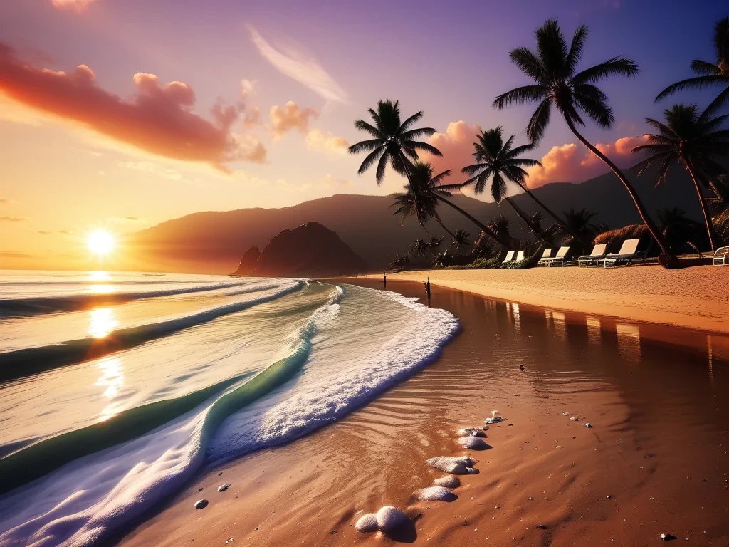 Tranquil Sunset Over Serene Beach with Palm Trees and Gentle Waves