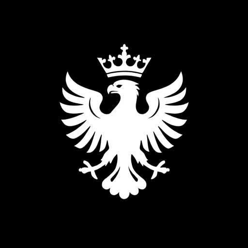 Create a high-resolution image of a stylized white eagle emblem with a crown on a solid black background, captured with a Canon EOS R5, 50mm lens, f/8 aperture, ISO 100, in a soft studio lighting setup to enhance details and contrast.