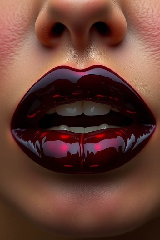Striking black cherry lips boast a glossy vinyl finish, exuding mystery and allure with their deep, rich color and reflective surface