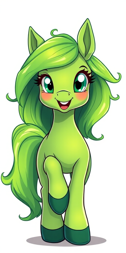 Create a vibrant illustration of a green pony with flowing green hair, shown in a playful pose, using a DSLR camera with a 50mm lens, f/2.8 aperture, 1/200 shutter speed, and shot from a low angle for a dynamic perspective.
