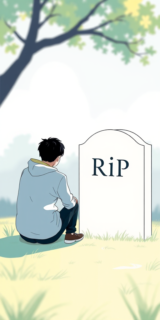 Create a high-resolution illustration of a person sitting beside a grave marker with "Rip" engraved on it, using a 50mm lens, f/2.8 aperture, and a shallow depth of field to enhance focus on the subject, in a bright and minimalist style, with a soft color palette and smooth lines.