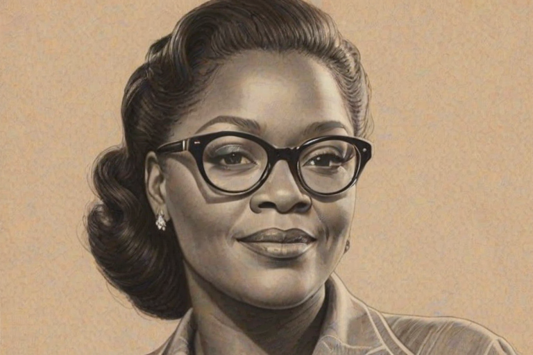 Graceful Loretta Devine, pencil sketch, portrait of Pleasing woman 1944s in glasses, hair style beatnik, outline, clear lines, fine lines, 8k