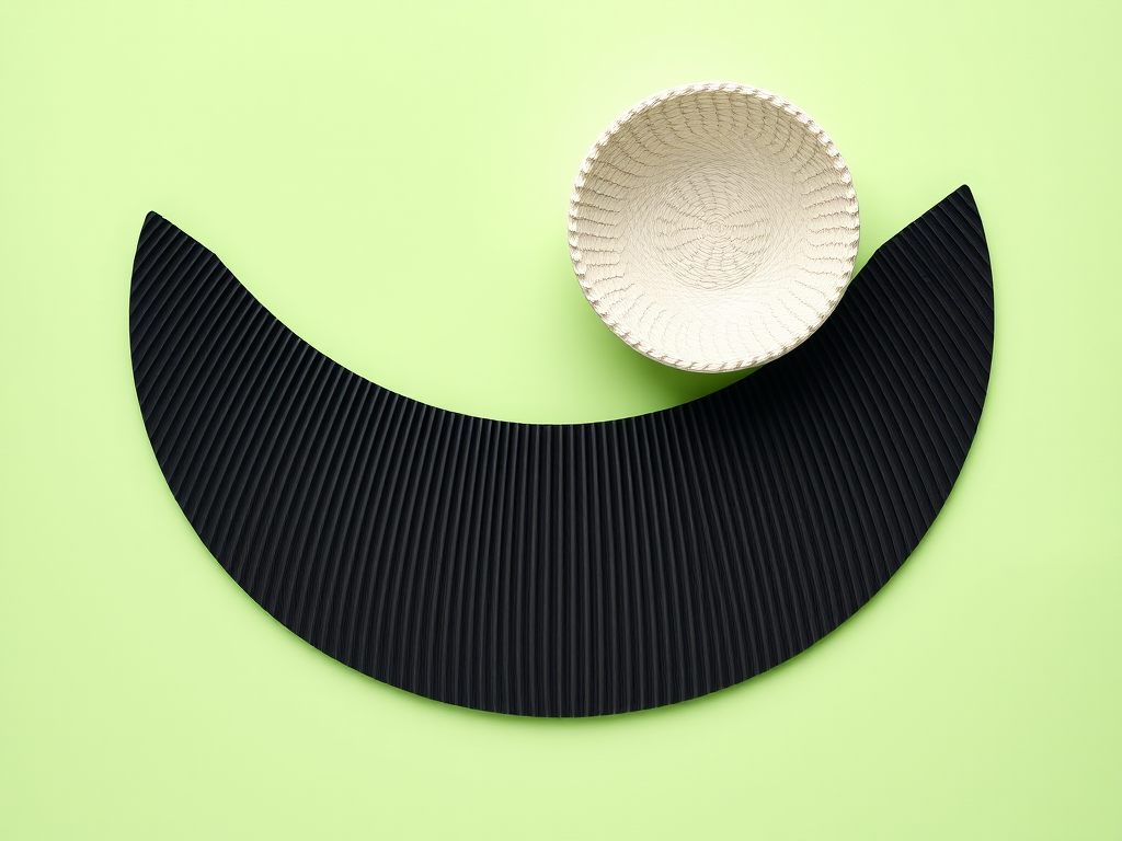 generate a stylized abstract art image featuring a light green background with a textured bowl on top, a curved black arch made of stripes in the center, and a bright yellow semicircle at the bottom, using a Canon EOS R5 with a 50mm lens, aperture f/2.8, ISO 100, high dynamic range, top-down view, digital graphic style