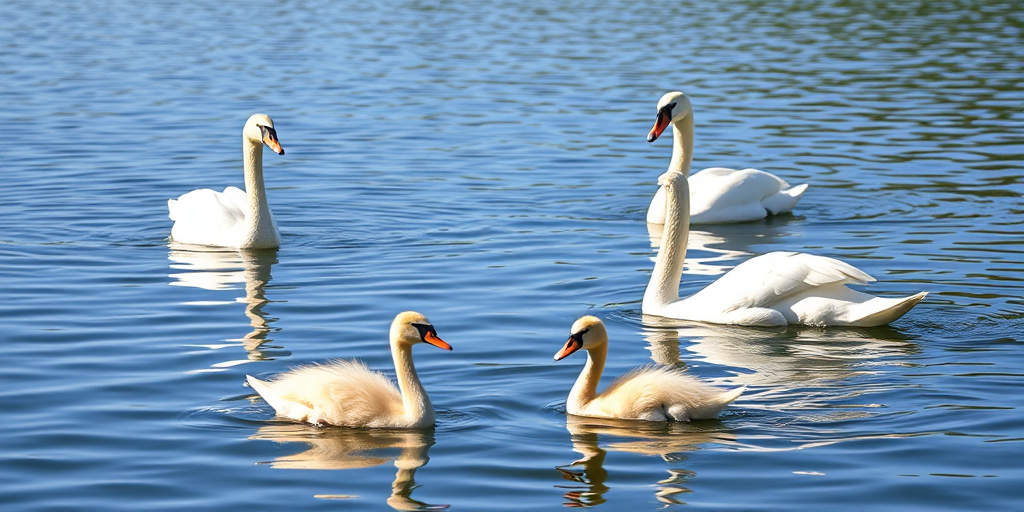 A serene lake scene showcasing four swans swimming gracefully, captured with a Canon EOS 5D Mark IV, 50mm lens, f/2.8 aperture, ISO 100, with a low angle perspective to emphasize the ducklings and the calm water surface, under bright daylight for vibrant colors.