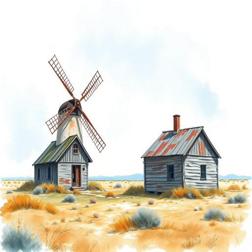 A watercolor illustration of a desolate landscape featuring an old windmill next to two weathered houses, set against a soft blue sky, captured with a Canon EOS R5, 50mm lens, f/8, ISO 100, natural light, shallow depth of field, and a vibrant palette to enhance texture and details.